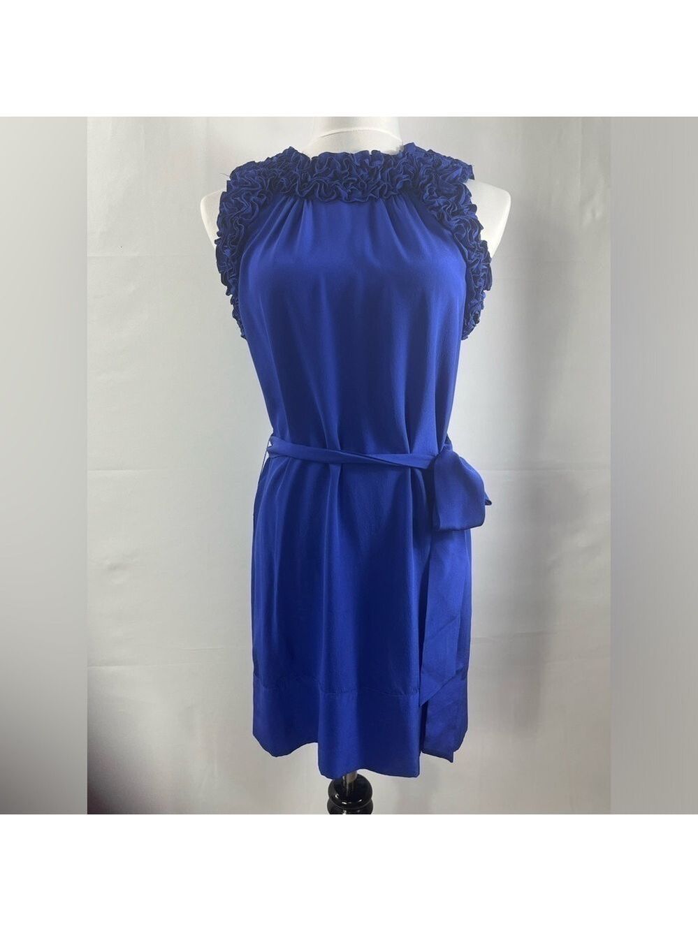 For Joseph Cobalt Blue Silk Belted Mini Cocktail Dress Frill Detail Size S